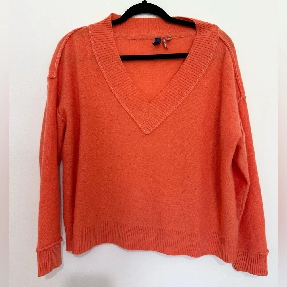 Anthrologie Pilcro 100% Cashmere Seamed V-Neck Orange Sweater Size XS